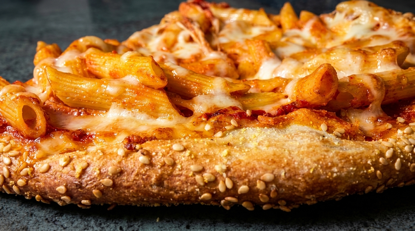 Close-up of a pizza crust topped with penne pasta, red sauce, and melted cheese.