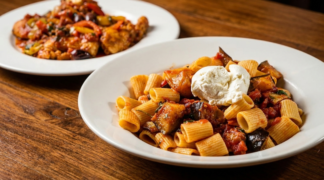 Two plates of Italian food on a wooden table, featuring pasta with eggplant and a chicken dish.
