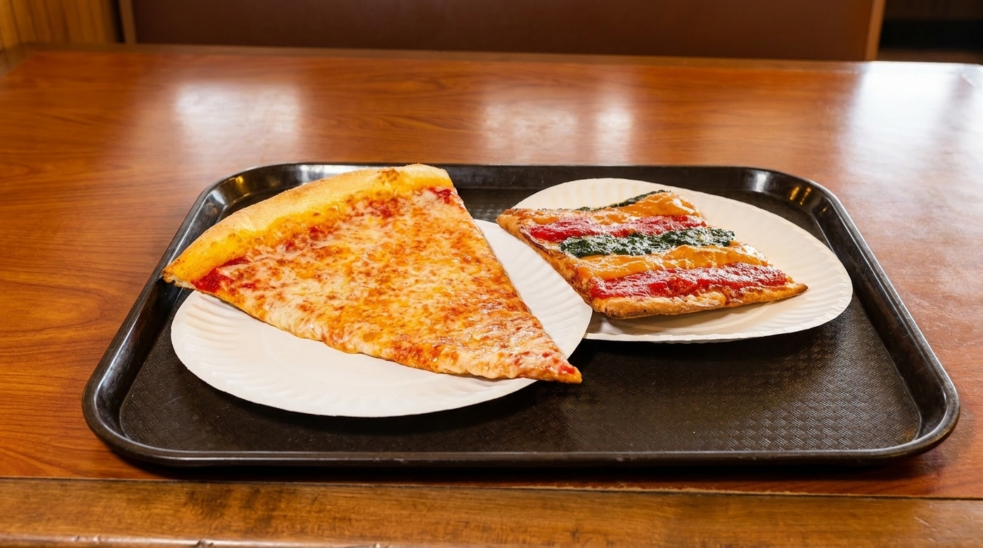 Two pizza slices, one cheese and one tricolor, on paper plates on a black tray.