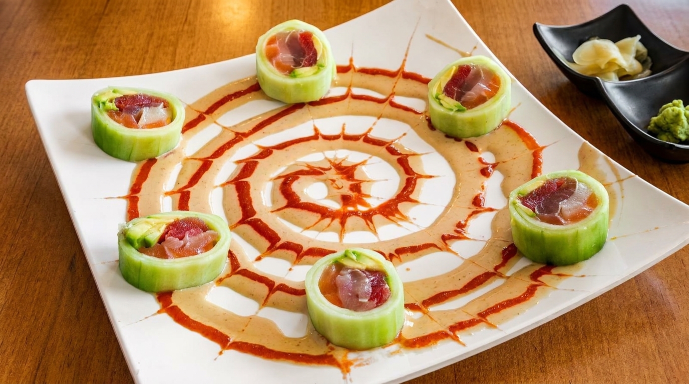 Seven cucumber-wrapped sushi rolls with tuna and avocado, arranged on a white plate with sauce swirls.