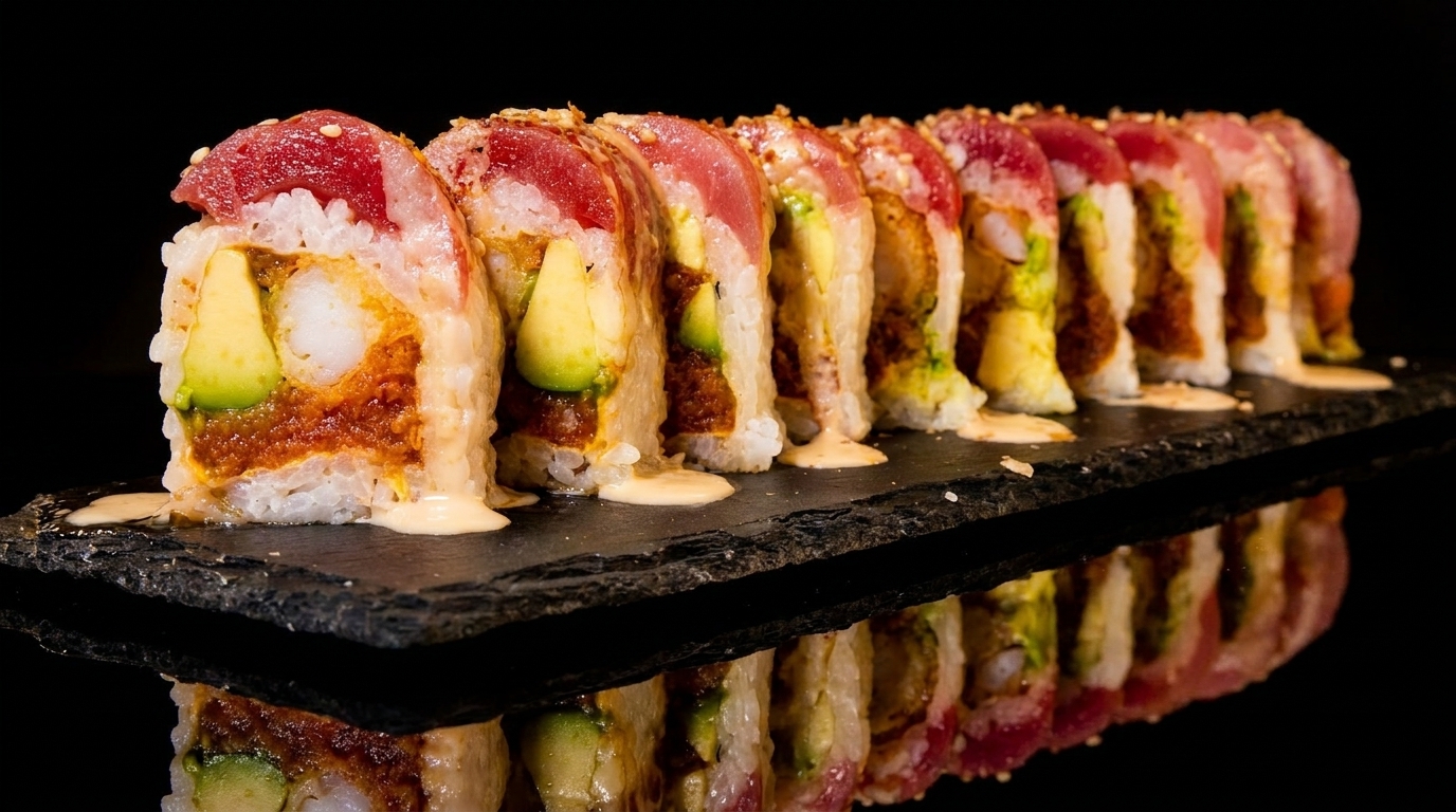 Sushi roll with tuna, avocado, and shrimp tempura, drizzled with sauce on a dark slate.