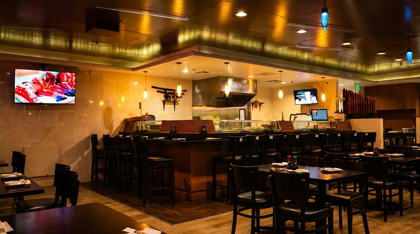 Interior of a sushi restaurant with a long bar, dining tables, and a TV displaying food.