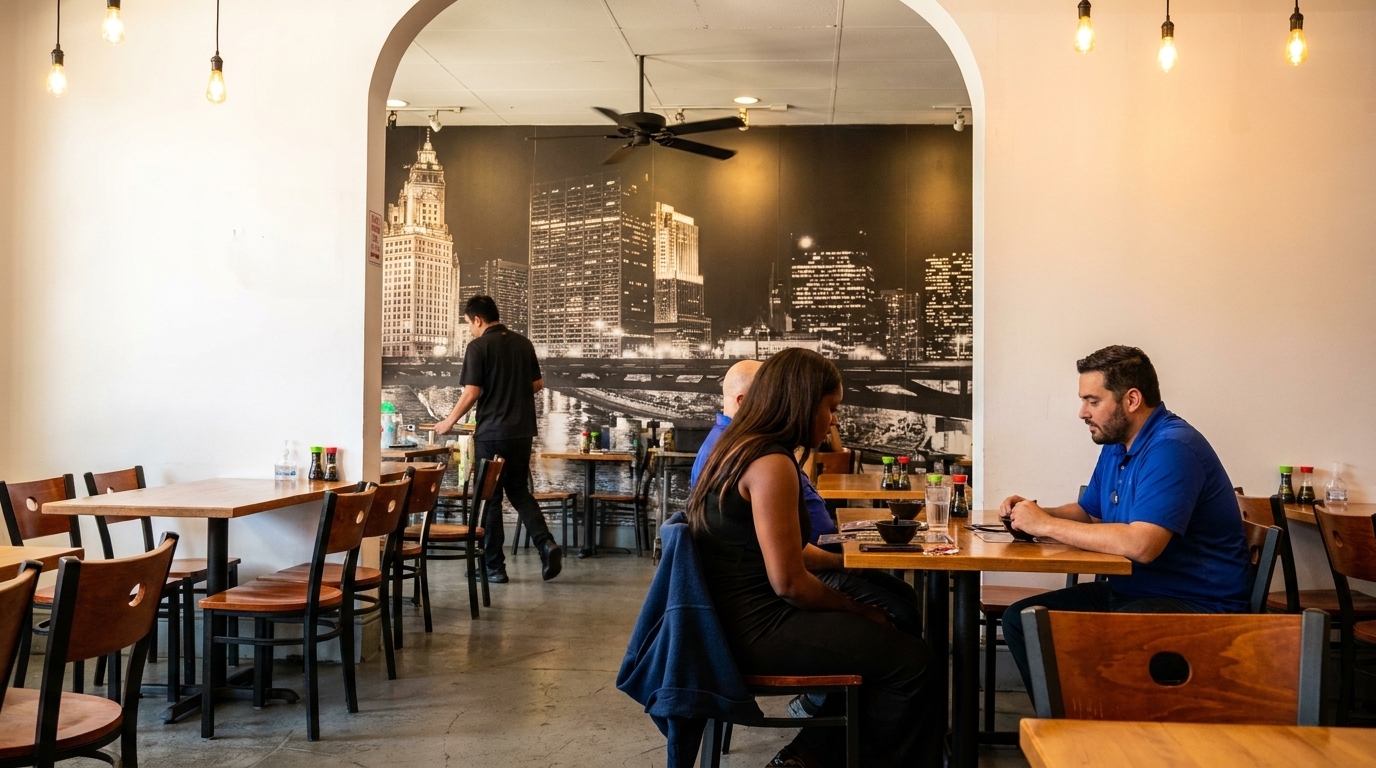 Diners seated at wooden tables in a restaurant with a city skyline mural and a server walking by.