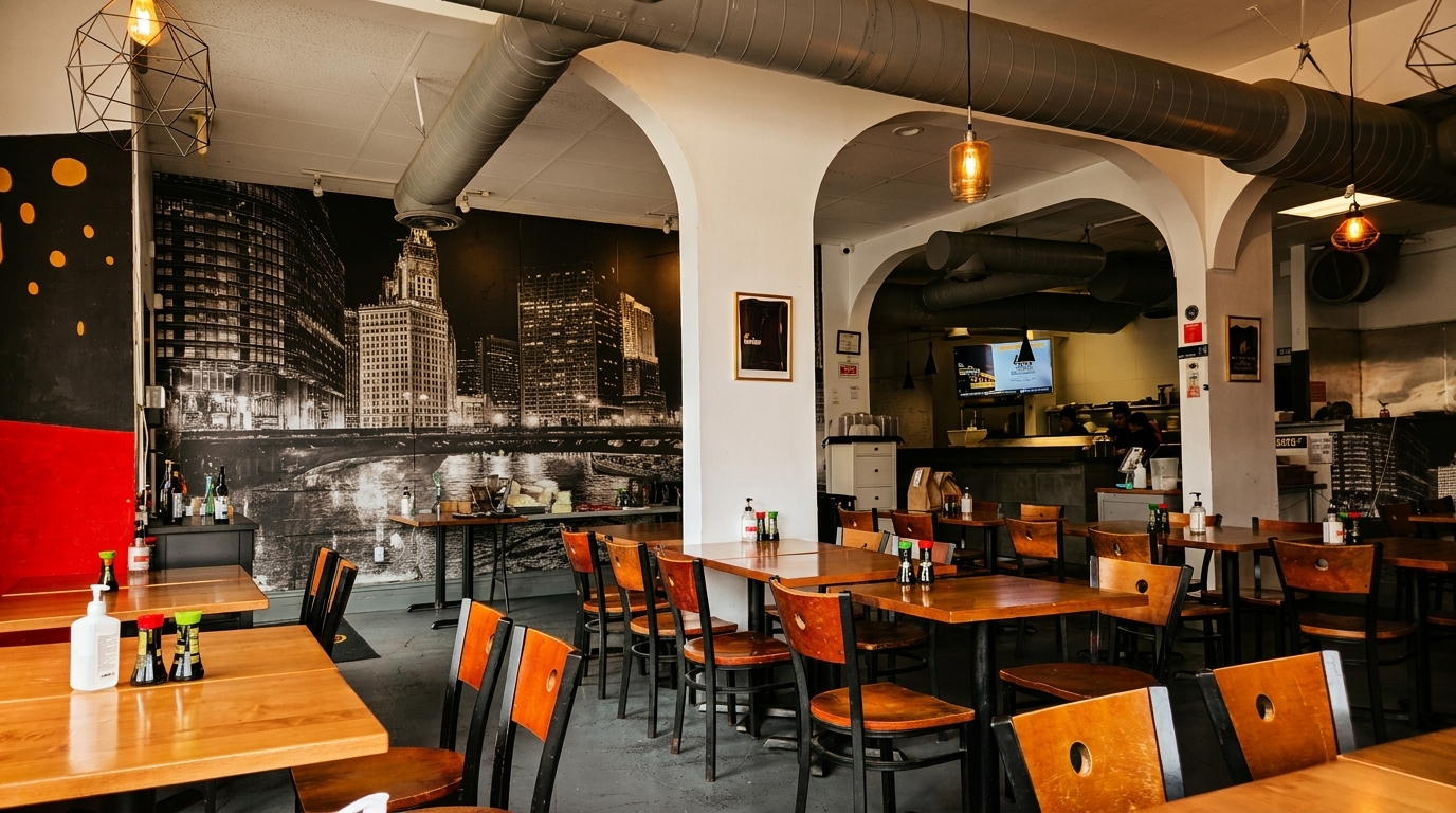 Interior of a restaurant with wooden tables and chairs, a city mural, and an open kitchen.