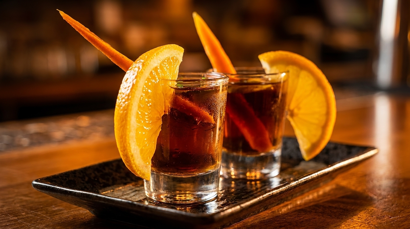 Two dark cocktails in shot glasses garnished with orange slices and peels on a black tray.