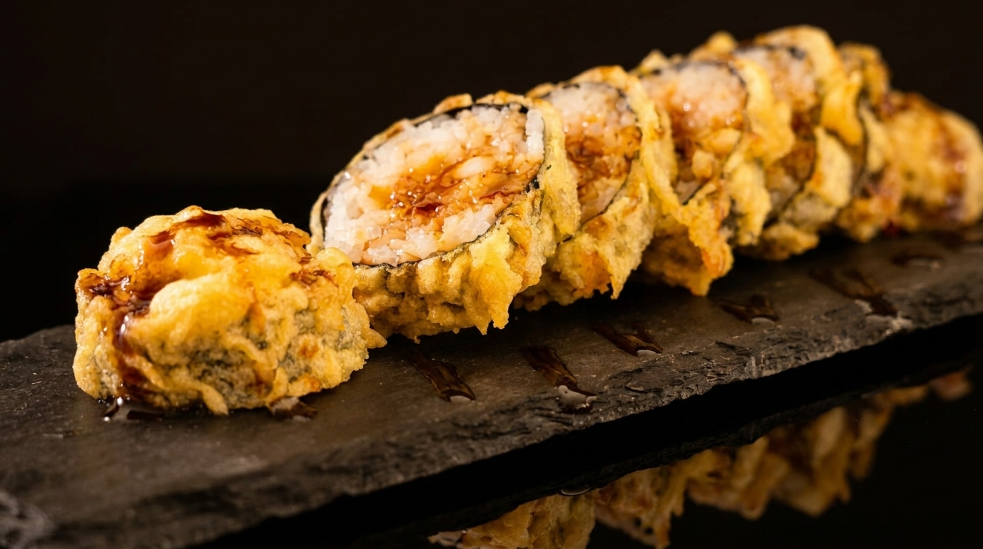 Tempura-fried sushi rolls with a sweet sauce drizzle, served on a dark slate board.