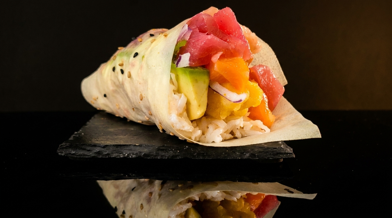 A colorful poke burrito with tuna, avocado, mango, and rice, on a dark slate board.