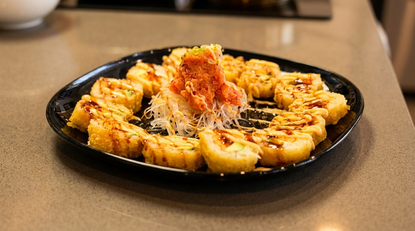 Fried sushi rolls with sauce and a center of spicy tuna and shredded daikon on a black plate.