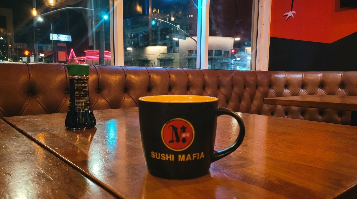 Sushi Mafia mug and soy sauce on a wooden table with a brown leather booth and city lights outside.