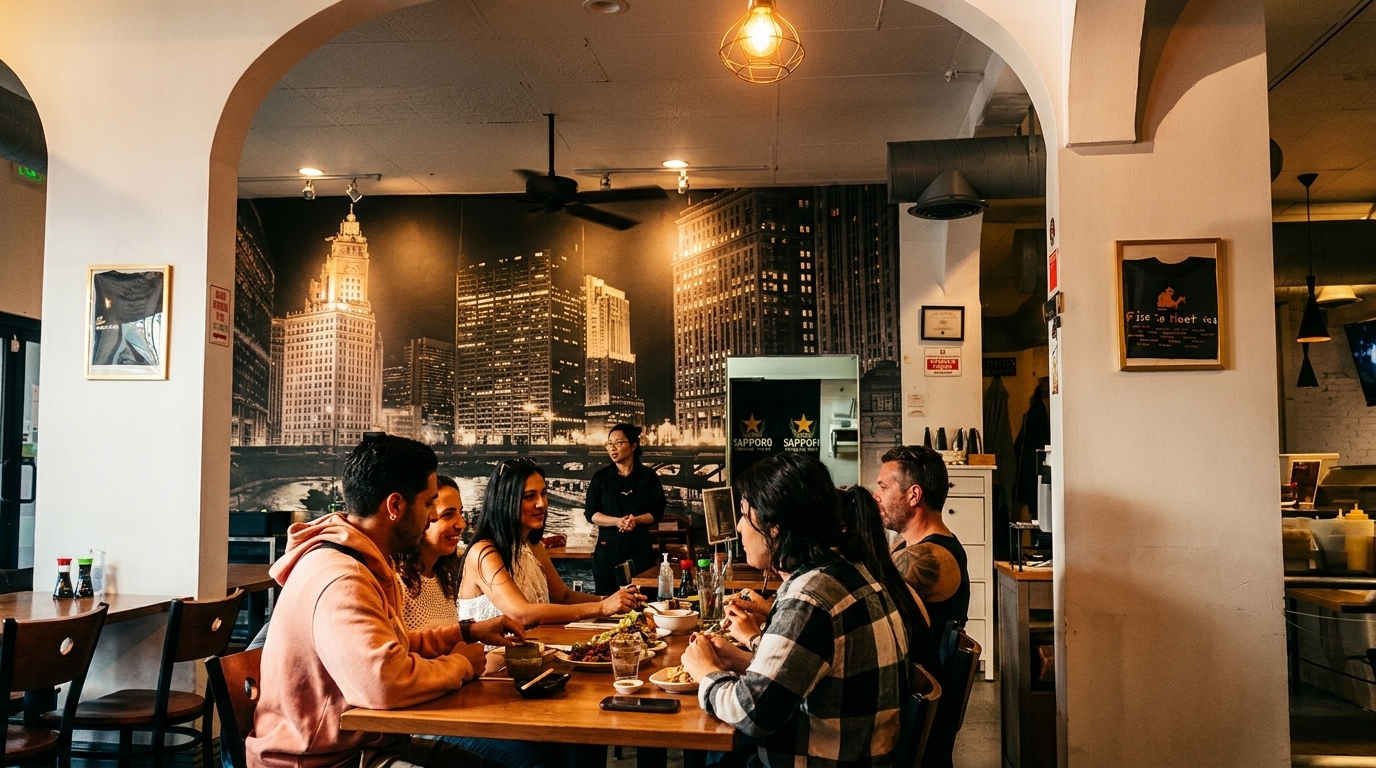 A group of friends dining at a restaurant with a city skyline mural and a server in the background.