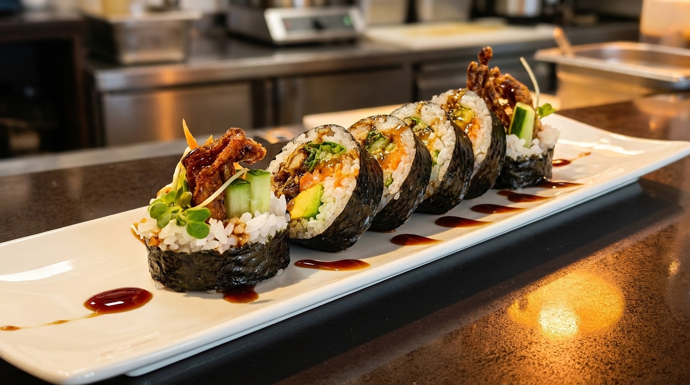 Sushi rolls with crispy toppings and sauce on a white plate in a restaurant setting.