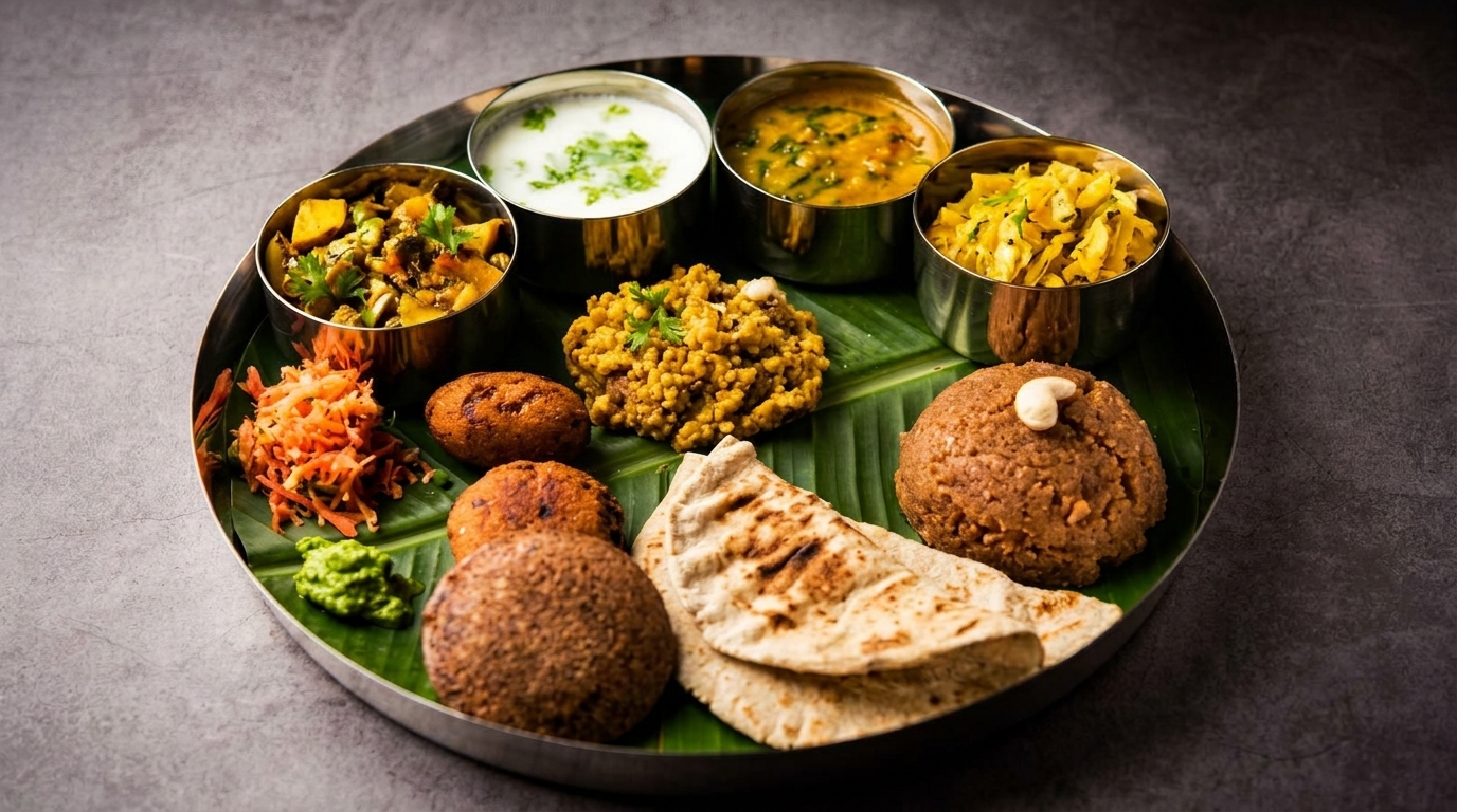 A traditional Indian thali with various dishes, including curries, flatbread, and sweets, on a banana leaf.