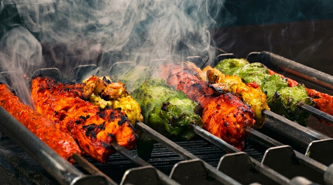 Skewers of colorful marinated chicken and vegetables grilling with smoke rising.