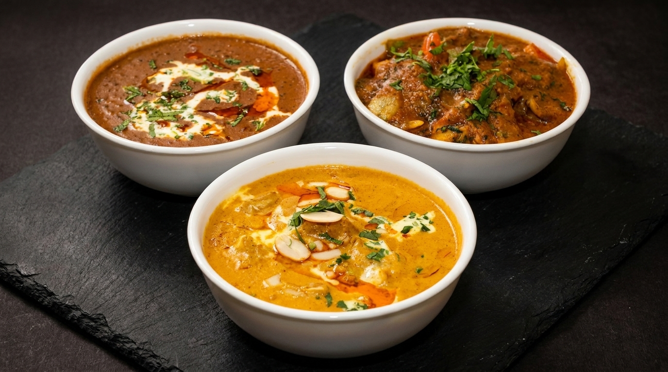 Three bowls of Indian curries, including dal makhani, chicken tikka masala, and korma, on a dark slate.