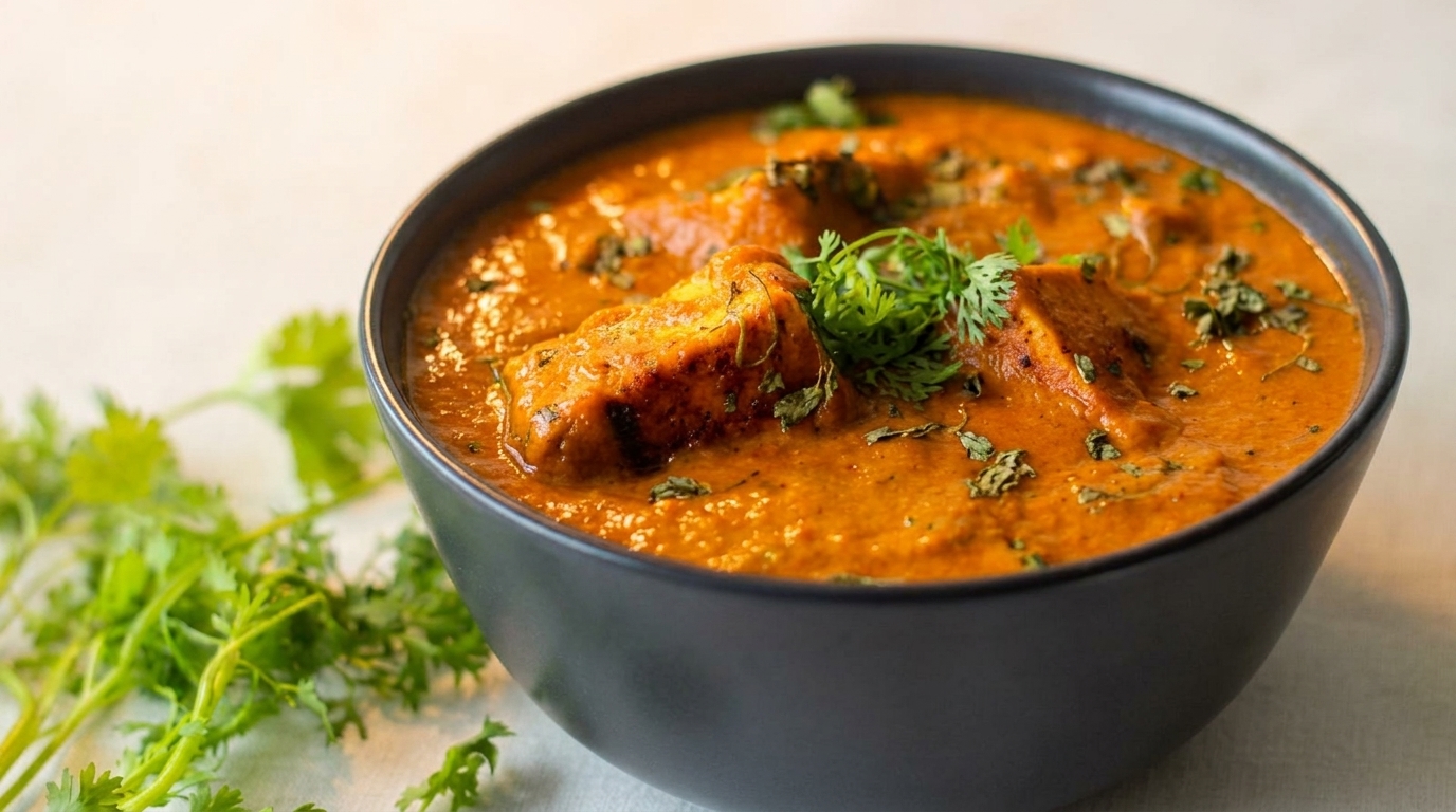 A black bowl filled with paneer butter masala, garnished with fresh cilantro, on a white surface.