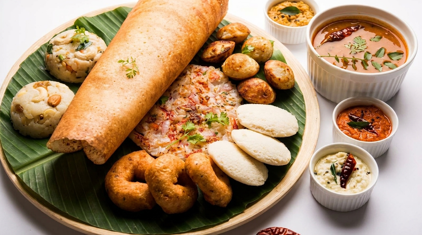 A South Indian breakfast platter with dosa, idli, vada, upma, and chutneys on a banana leaf.
