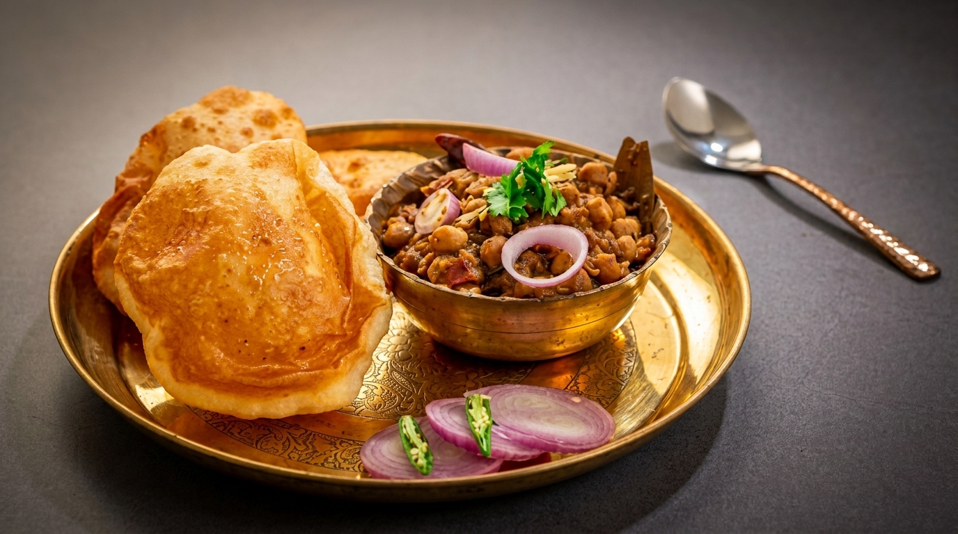 Golden puri bread and a brass bowl of chana masala with red onion and green chili.