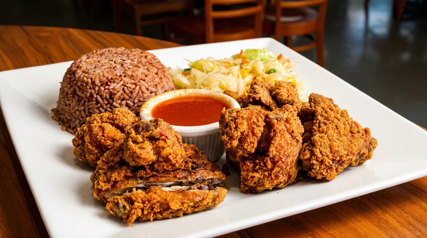 Crispy fried chicken pieces, red rice, cabbage salad, and a side of red sauce on a white plate.