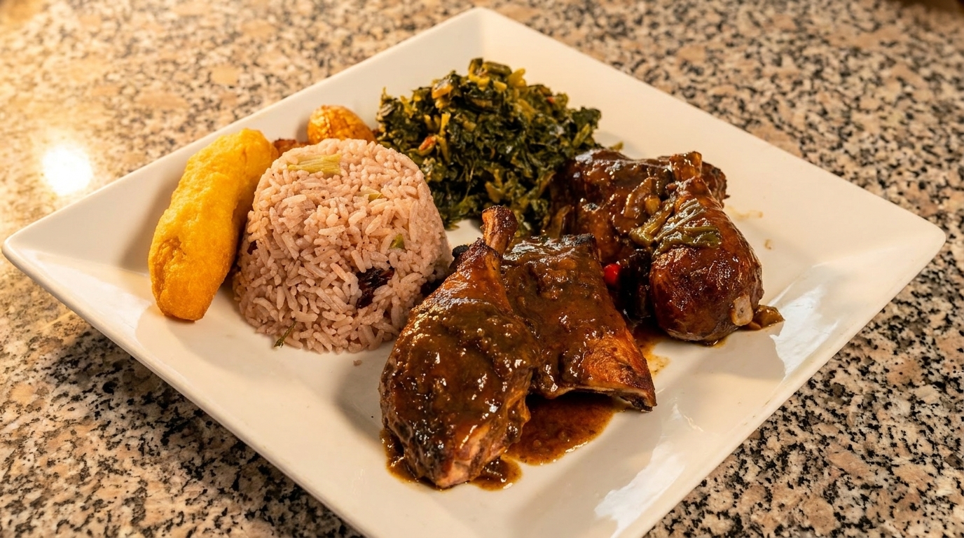 A white plate with brown rice, stewed chicken, green vegetables, and a fried plantain.