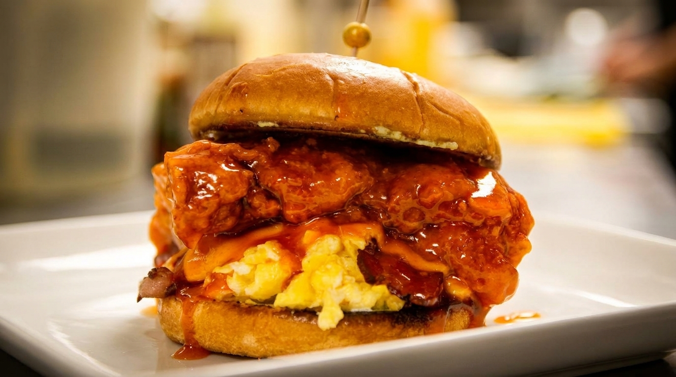 A large chicken sandwich with scrambled eggs, bacon, and a sweet and spicy sauce.