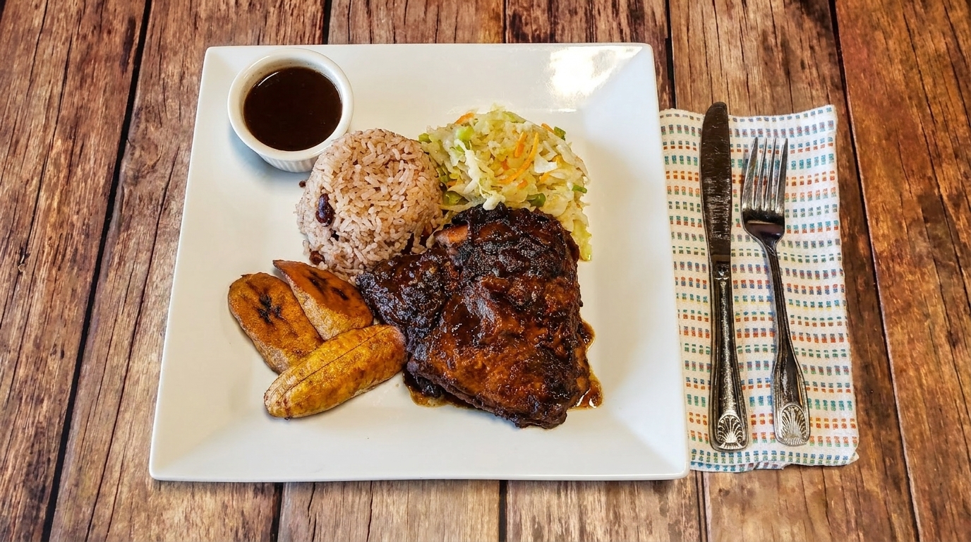 A plate of jerk chicken, rice and peas, coleslaw, fried plantains, and a side of sauce.