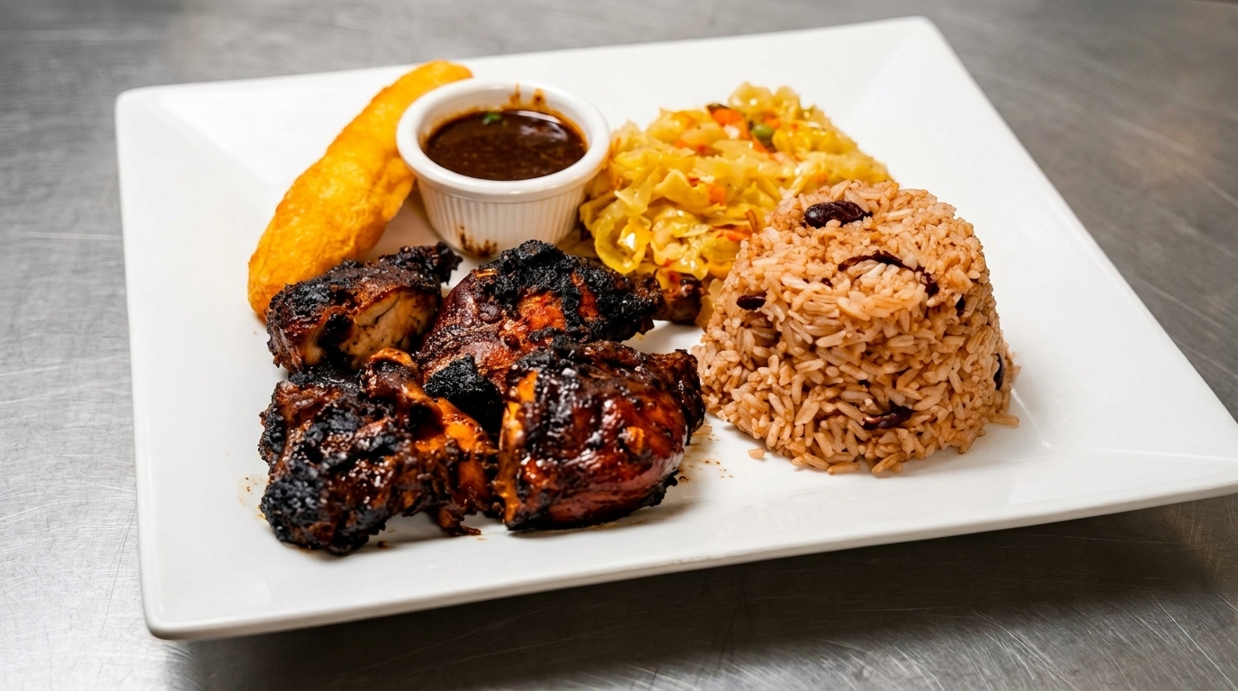 A white plate with jerk chicken, rice and peas, steamed cabbage, fried plantain, and a side of sauce.