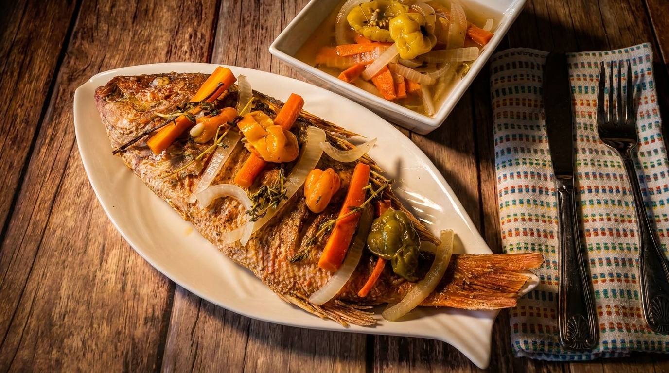 Whole fried fish with carrots, onions, and peppers on a white platter, with a side dish.