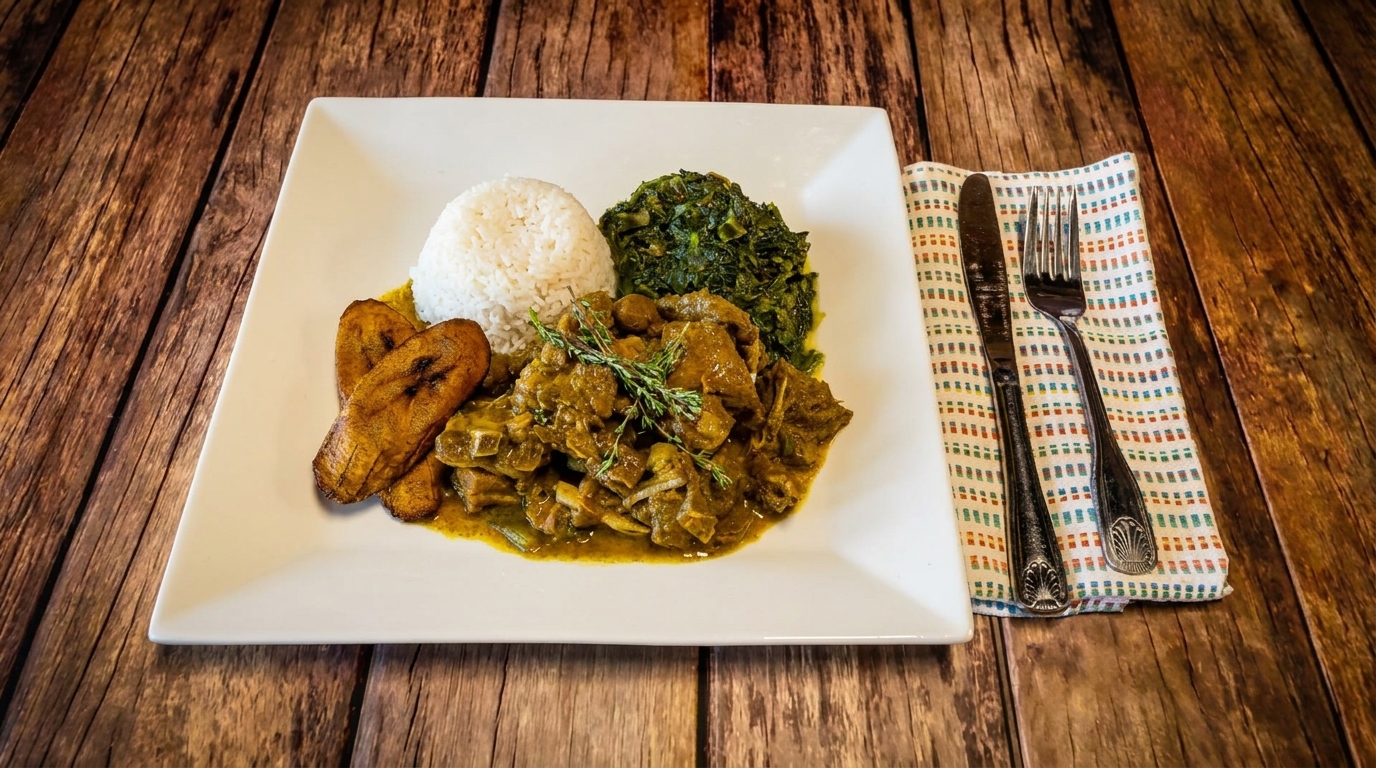 Curried goat with rice, collard greens, and fried plantains on a white plate.