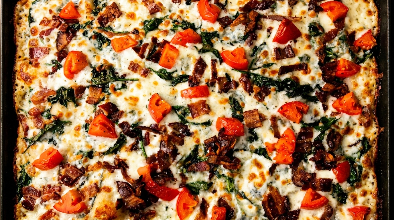 Close-up of a rectangular pizza with white cheese, spinach, bacon, and diced tomatoes.