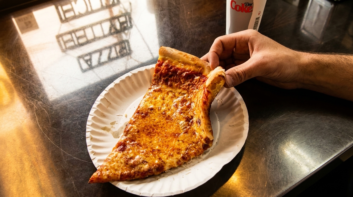 A hand holds a slice of cheese pizza on a paper plate next to a Diet Coke cup.