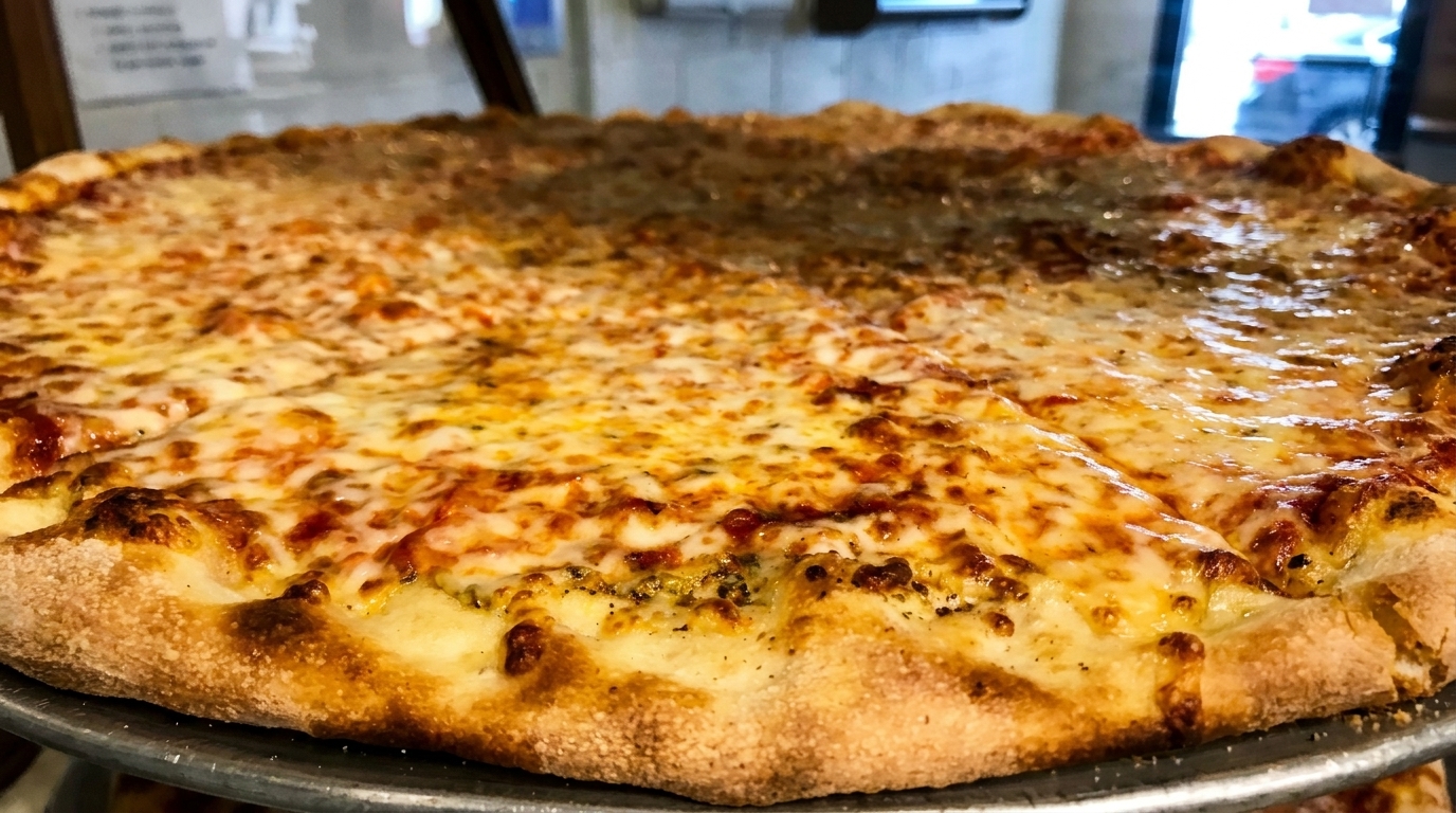 Close-up of a large, cheesy pizza with a golden-brown crust on a metal tray.