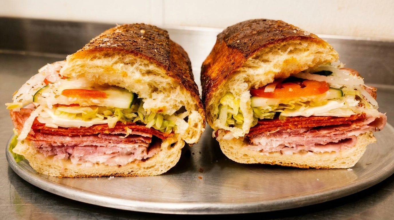 A large deli sub sandwich, cut in half, revealing layers of meat, cheese, lettuce, tomato, and onion.