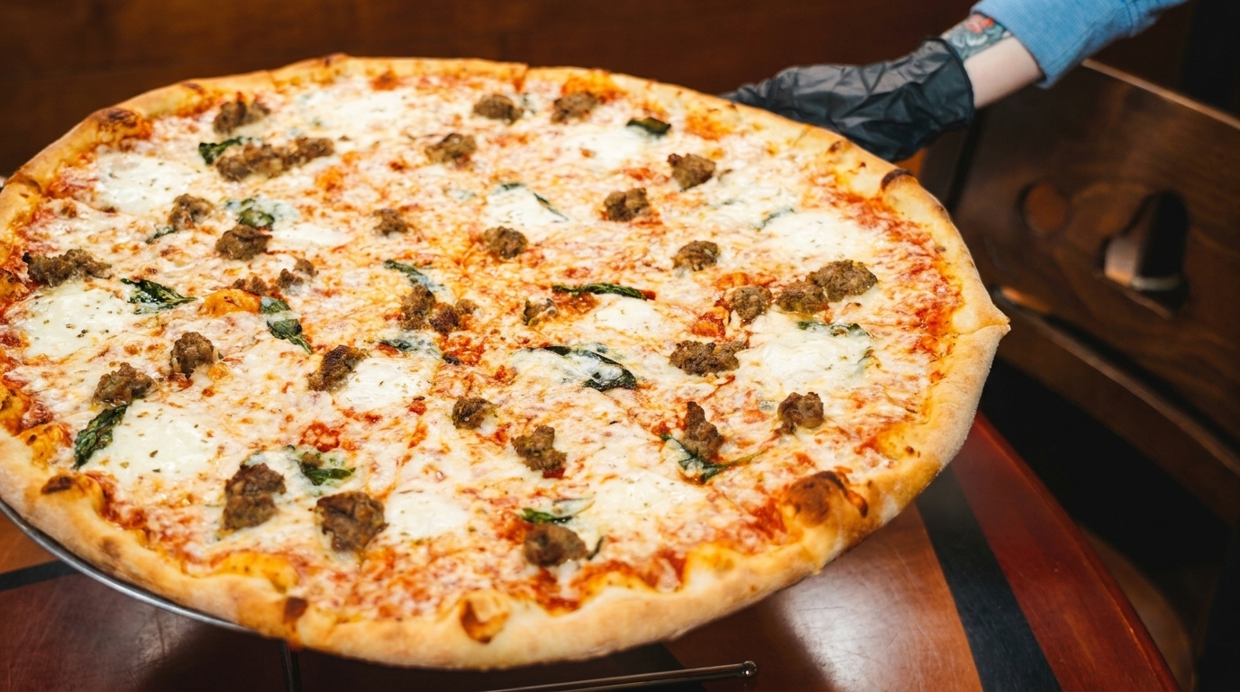 Large pizza with sausage, mozzarella, and basil, being served by a gloved hand.