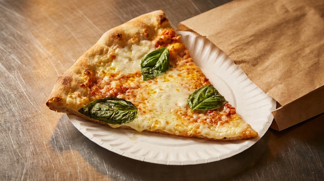 A slice of cheese pizza with basil leaves on a paper plate next to a brown paper bag.