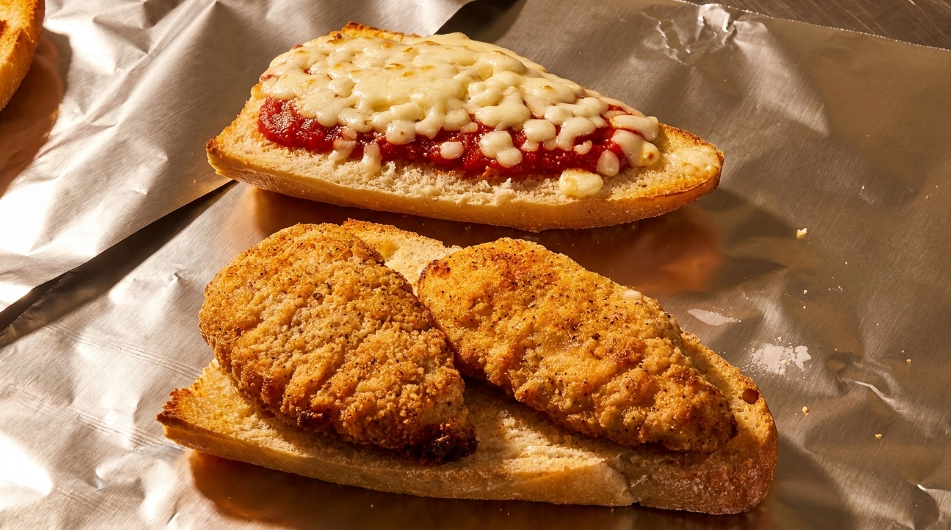 Two open-faced sandwiches on foil: one with melted cheese and red sauce, the other with fried chicken.