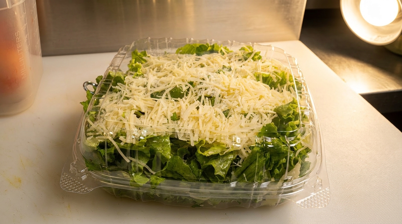 Freshly prepared Caesar salad with shredded cheese in a clear plastic container on a white counter.