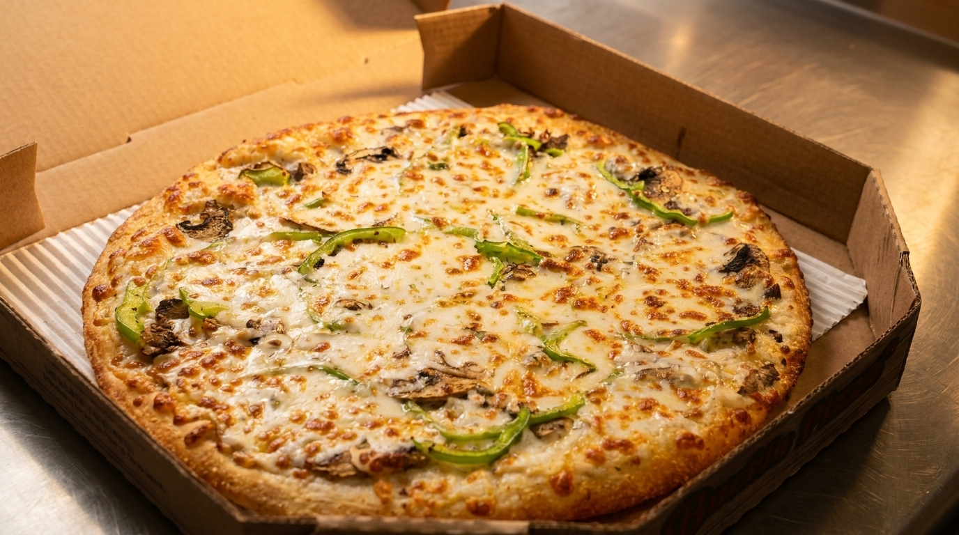 Freshly baked pizza with white sauce, mozzarella, mushrooms, and green peppers in a cardboard box.