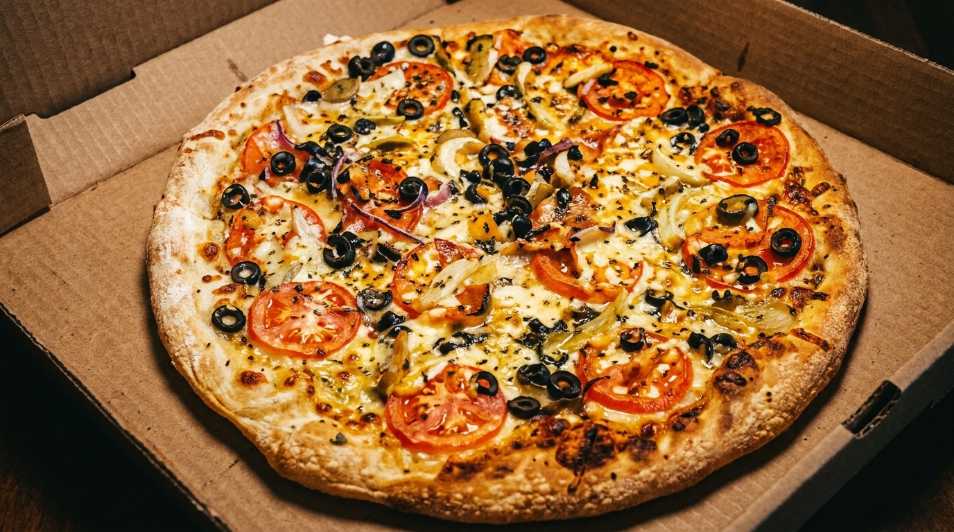 A freshly baked pizza with tomatoes, olives, and onions in a cardboard delivery box.