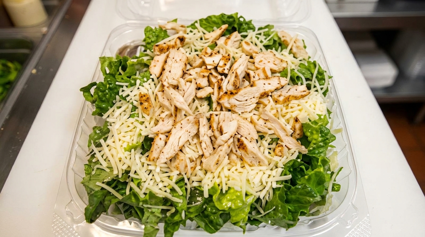Grilled chicken and shredded cheese on a bed of fresh green lettuce in a clear plastic container.