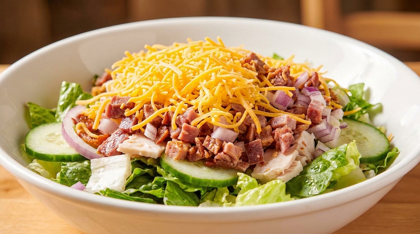 A vibrant salad with lettuce, cucumbers, red onion, chicken, bacon, and shredded cheddar cheese.