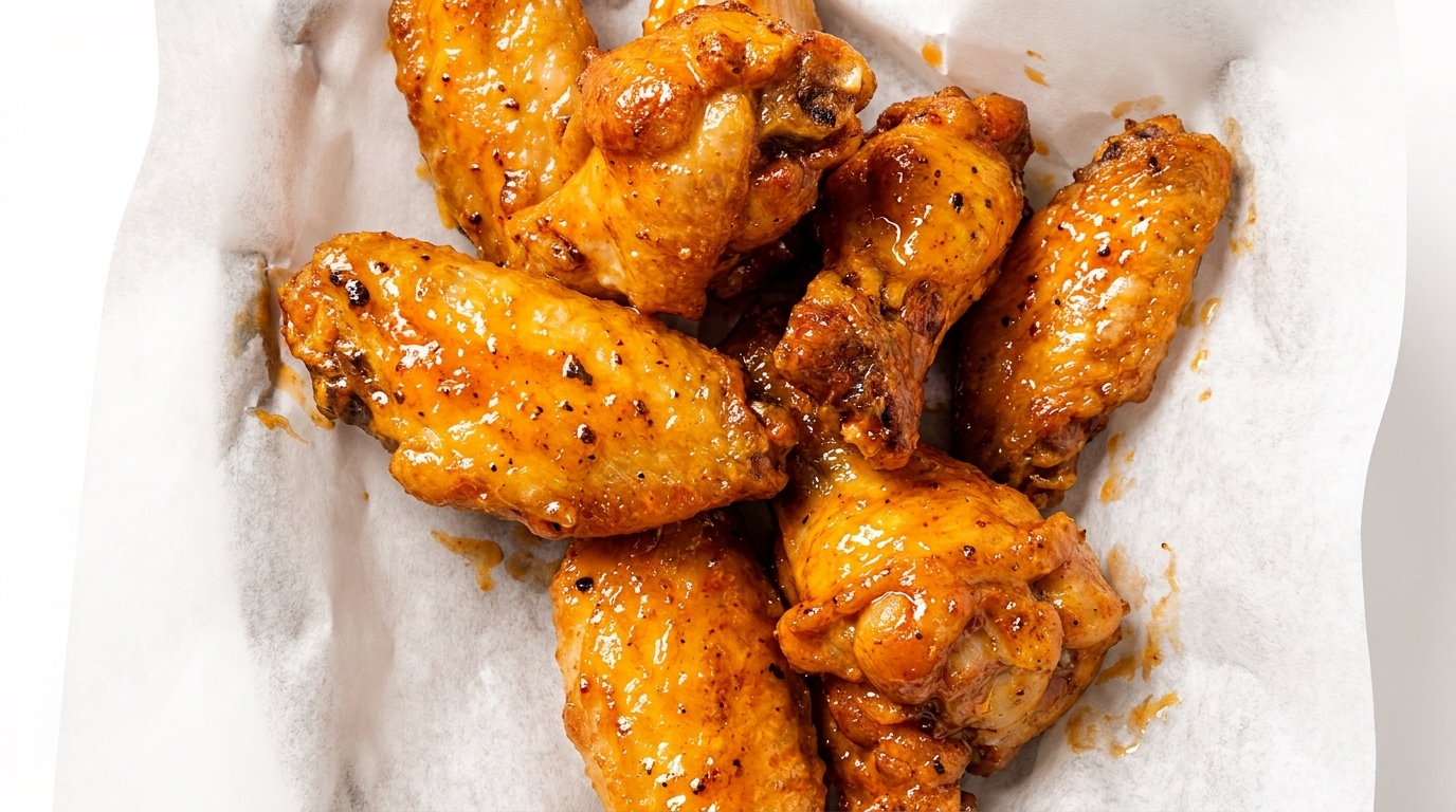Close-up of several golden-brown chicken wings, glistening with sauce, served in a white paper-lined basket.