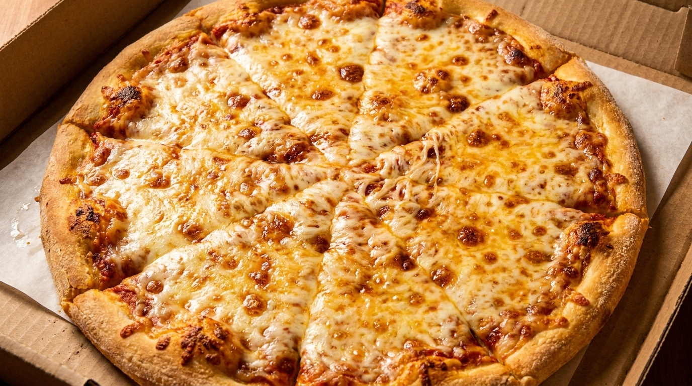 A freshly baked cheese pizza, sliced into eight pieces, sits in a cardboard delivery box.