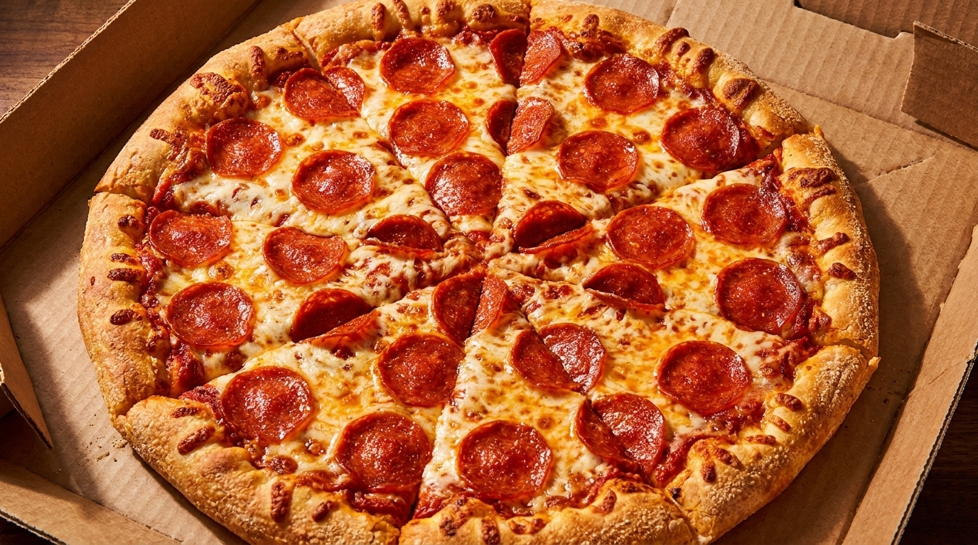 A freshly baked pepperoni pizza, sliced and ready to eat, sits in a cardboard delivery box.