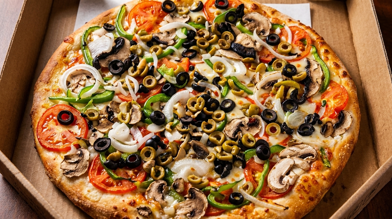 A freshly baked pizza in a cardboard box, topped with tomatoes, onions, mushrooms, and olives.