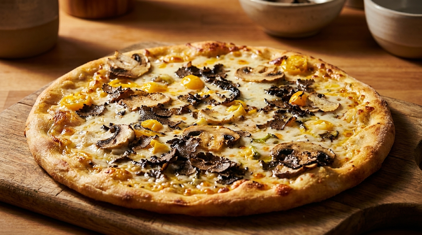 A gourmet pizza with mushrooms, truffle shavings, and yellow peppers on a wooden board.