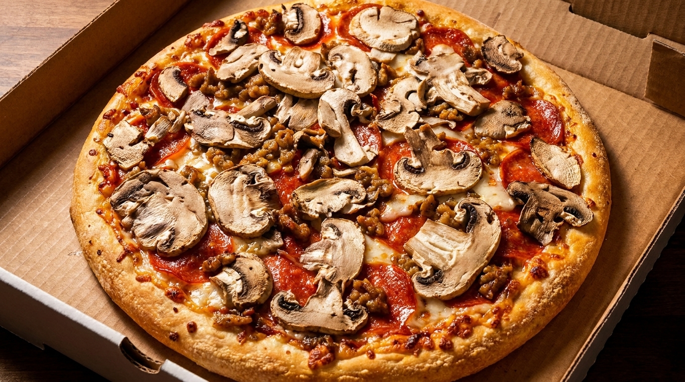 A whole pizza with mushrooms, sausage, and pepperoni in a cardboard delivery box.