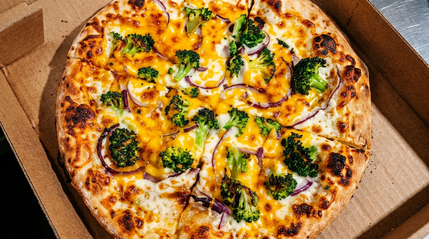 A whole pizza with broccoli, red onion, and melted cheese in a cardboard box.