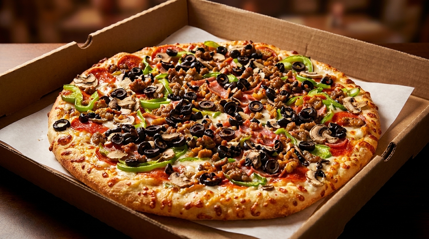 A supreme pizza with pepperoni, sausage, mushrooms, green peppers, and black olives in a box.