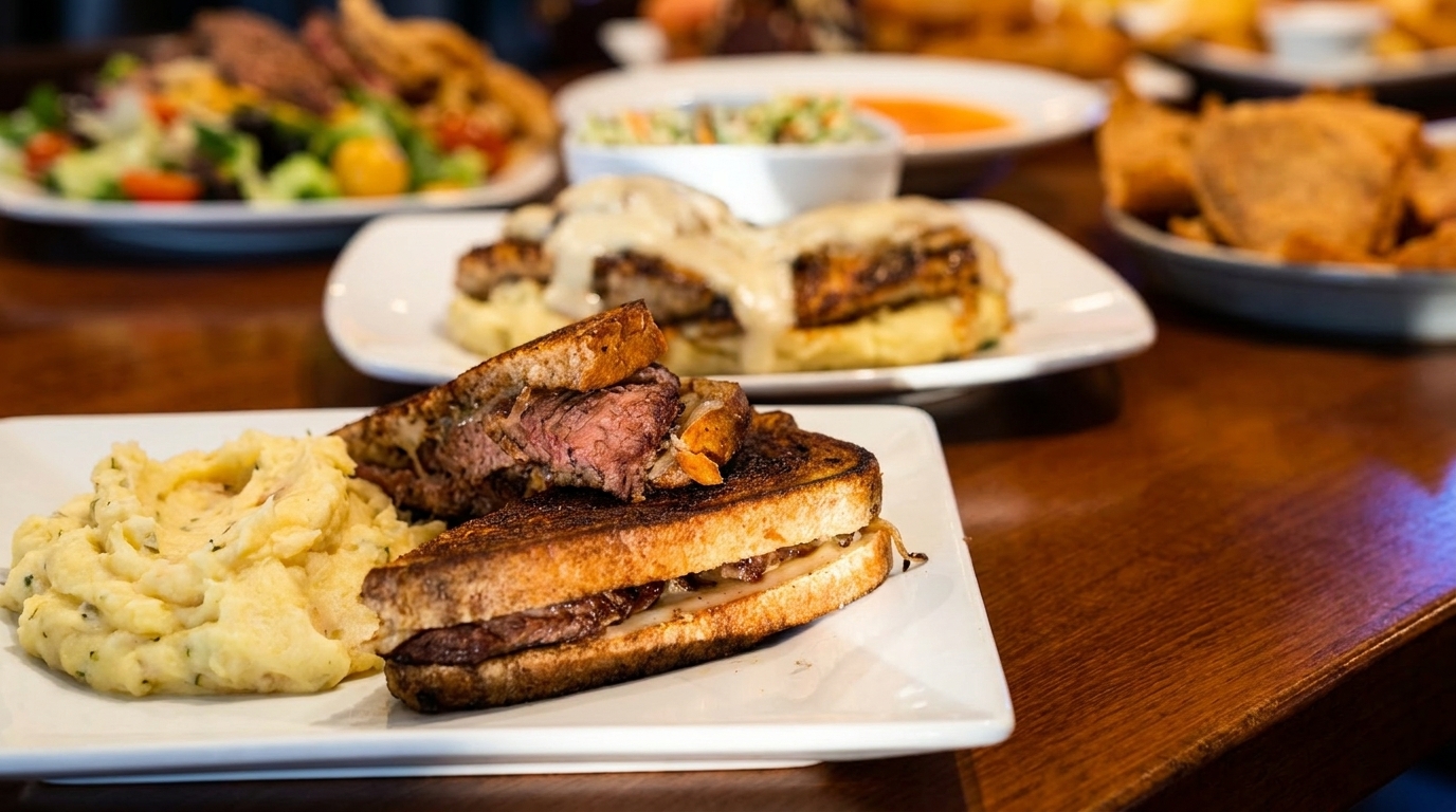 Grilled cheese sandwich with steak and mashed potatoes on a white plate, with other dishes blurred in the background.