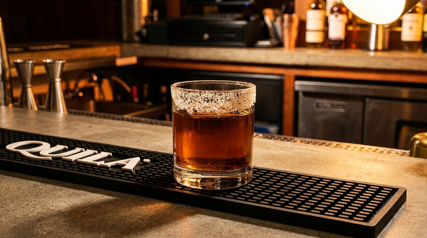 A salt-rimmed cocktail sits on a bar mat with "QUILA" branding, with bottles in the background.